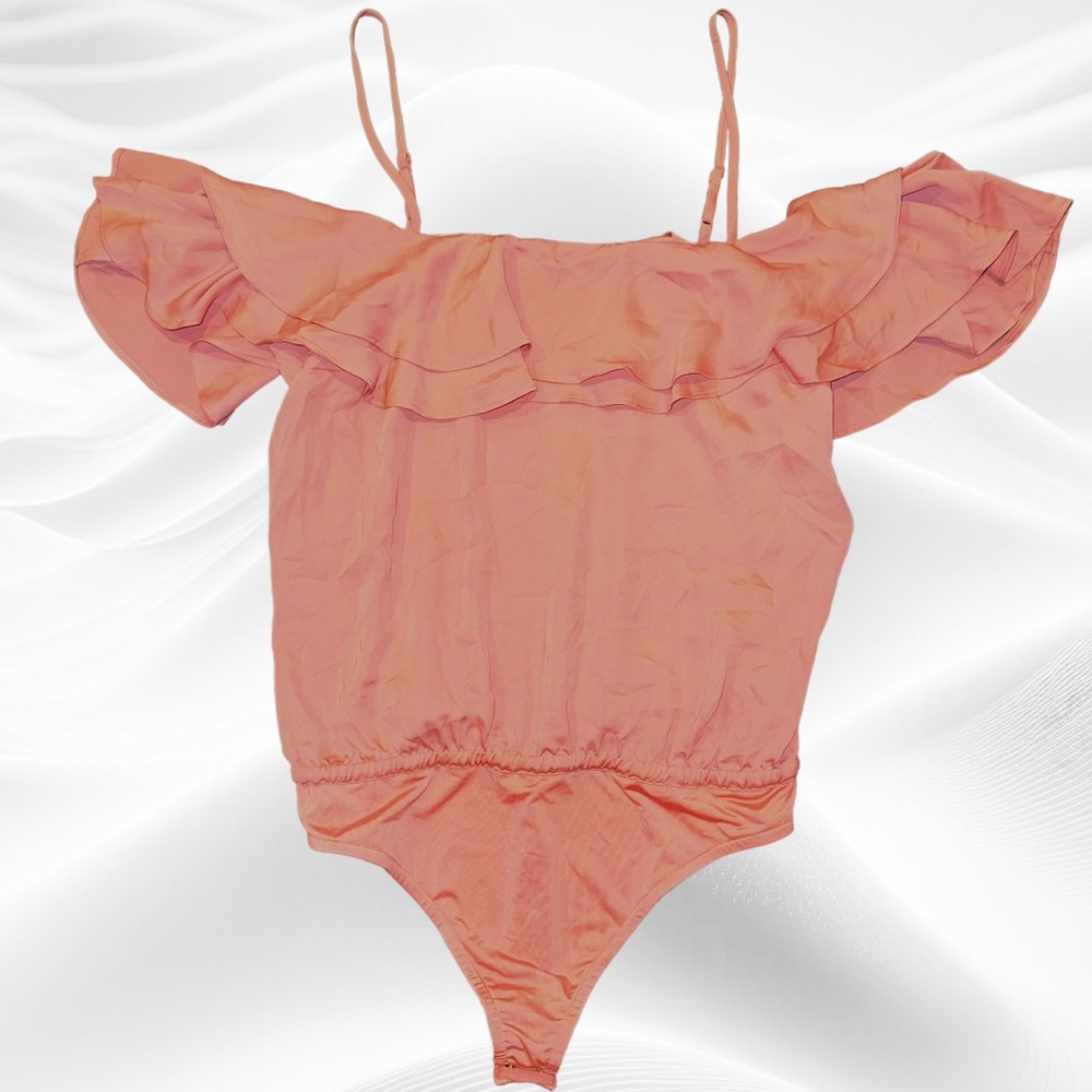 L'ACADEMIE Salmon Pink Off Shoulder Ruffle Bodysuit Straps Small - Picture 1 of 8